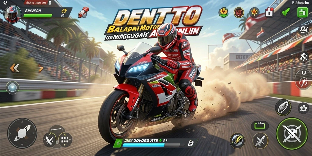 Tampilan gameplay DENTOTO dengan balapan motor yang intens.