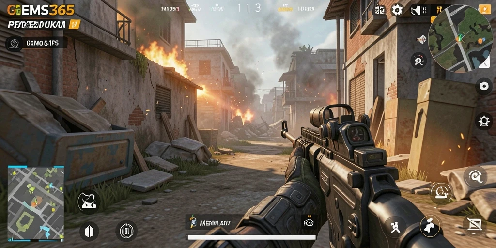 Menampilkan screenshot GEMS365 dengan aksi gameplay FPS yang intens.