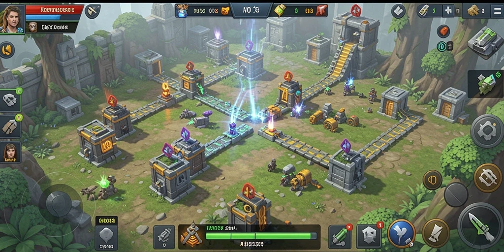 Screenshot gameplay HO3 menampilkan strategi pertahanan menara yang intens.