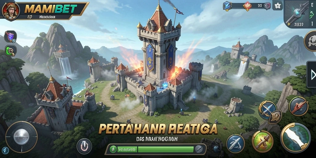Tangkapan layar gameplay MAMIBET menampilkan pertempuran menara yang intens.