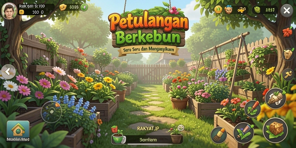 Screenshot utama RAKYATJP menampilkan pemain saat berkebun dengan berbagai tanaman.