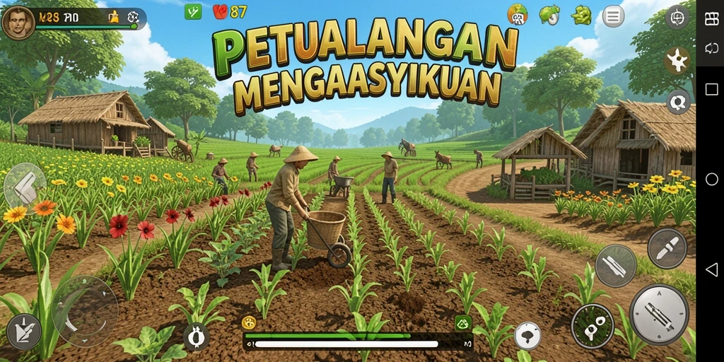 Tampilan gameplay <strong>V87</strong> yang menunjukkan kegiatan bertani dan merawat tanaman.